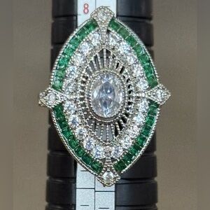 1920s Art Deco Style Silver Tone Green Gemstone Ring 9 Marquis Statement